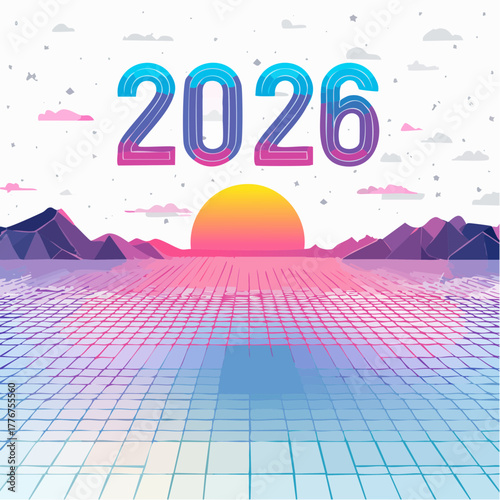 2026 Over a Retro Futuristic Landscape with Mountains and Sunset year future