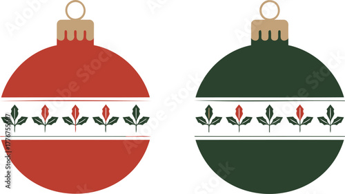 Two festive christmas ornaments one red and one black decorated with a repeating floral pattern