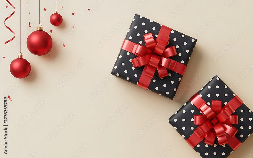Obraz premium Two festive gift boxes with red ribbon and ornaments on a light background
