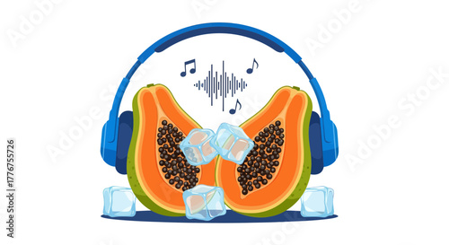 Fresh Papaya Slices With Headphones And Ice Cubes, Modern And Artistic Concept