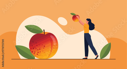 Fresh Peach Harvest Displayed With a Woman Reaching and Presenting the Fruit in Nature