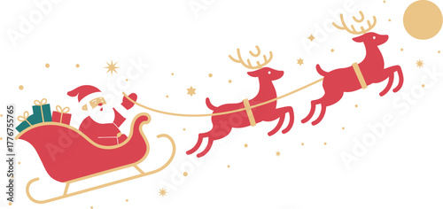 Santa claus and his reindeer pulling a sleigh full of gifts through the snowy night sky