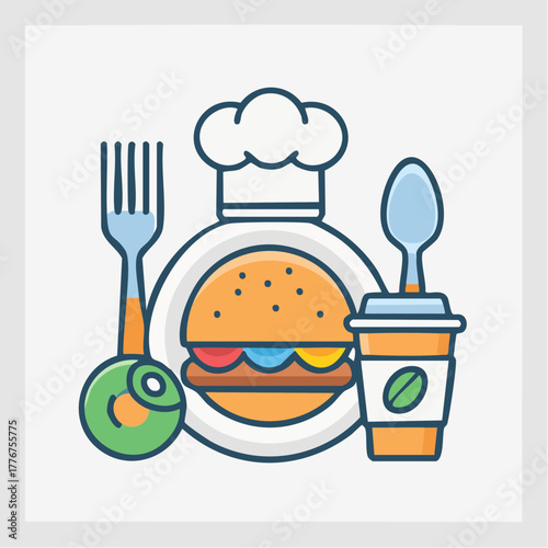 Burger, coffee cup, and cutlery with chef hat on a plate hamburger fork