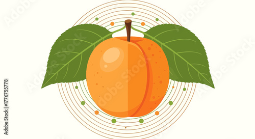 Fresh Peach Illustration on White Background with Two Green Leaves, Minimalist Style