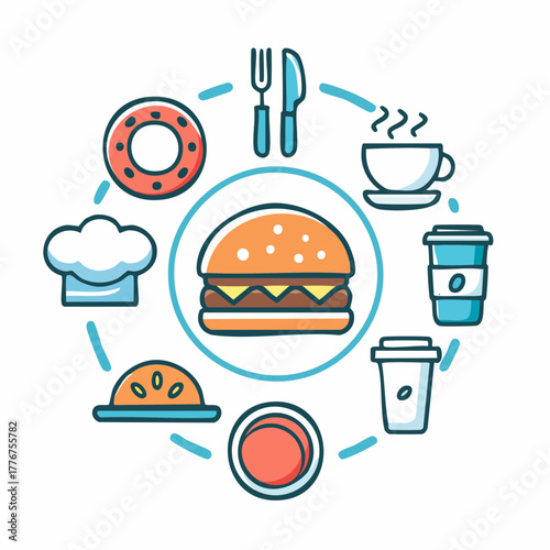 Fast Food and Beverage Icons Arranged in a Circle with a Burger in the Center hamburger donut