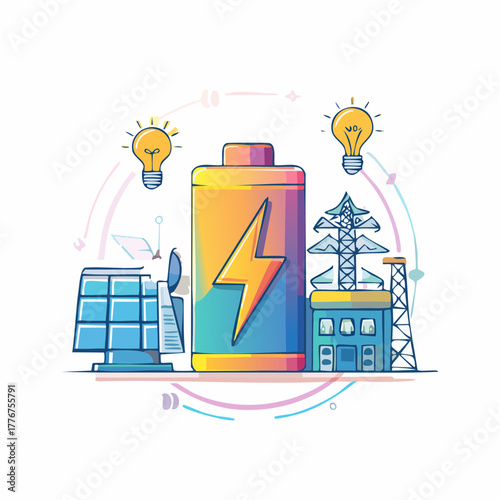 Energy Sources and Storage Icons Including Battery, Solar Panel, and Power Lines electricity lightning bolt