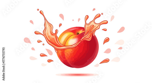 Fresh Peach Illustration With Juice Splashes, Isolated on White Background For Design