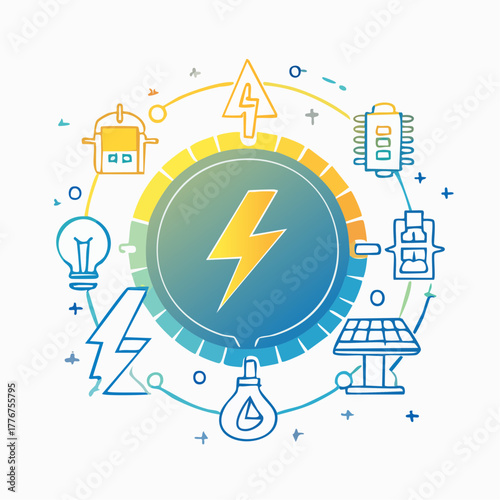 Electrical Energy Concept with Lightning Bolt, Battery, Solar Panel, and Circuit Board electricity