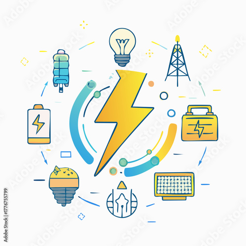 Electrical Energy Icons Featuring Lightning Bolt, Battery, Solar Panel, and Tower electricity