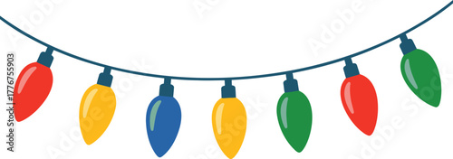 A string of colorful festive christmas lights with red yellow blue and green bulbs hanging on a wire