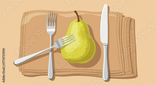 Fresh Pear And Elegant Cutlery Arranged On A Decorative Napkin, Ready To Consume