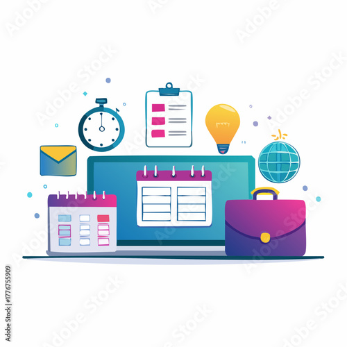 Business planning and organization icons with laptop and briefcase on white background vector illustration