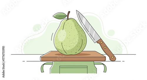 Fresh Pear And Kitchen Knife On A Wooden Board Illustration In Modern Style