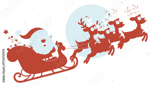 Whimsical red silhouette of santa claus in his sleigh pulled by reindeer across a light blue moonlit sky