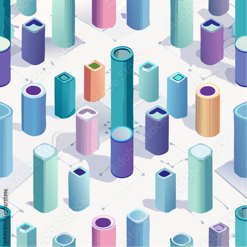 Isometric Pattern of Cylindrical and Rectangular Shapes in Pastel Colors abstract background