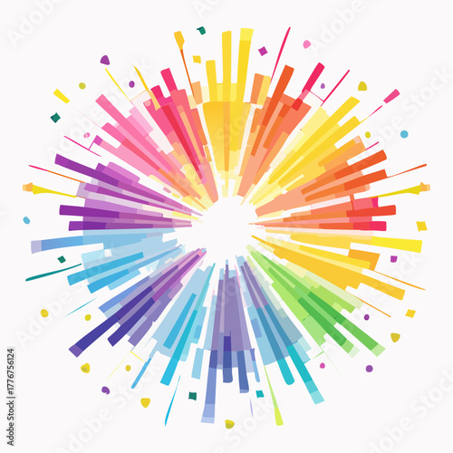 Colorful Abstract Radial Burst of Geometric Shapes and Lines on White Background explosion