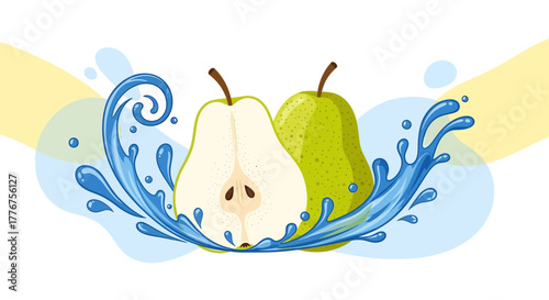 Fresh Pears Displayed With Refreshing Water Splash Design For Culinary Content