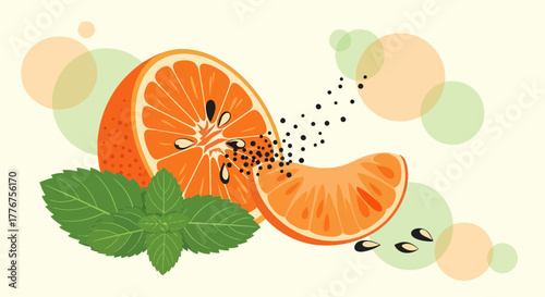 Fresh Tangerine With Mint And Abstract Bubbles Design, Food Illustration, Still Life