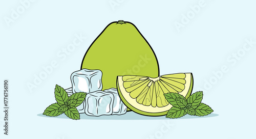 Fresh Pomelo Slice Refreshing with Mint Ice and Slice on Light Blue Background