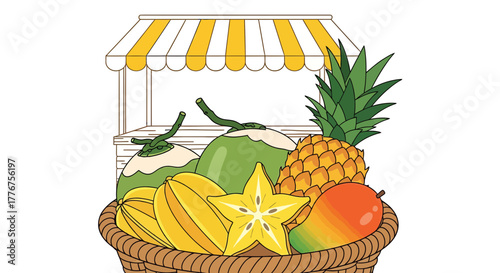 Fresh Tropical Fruit Display At Stall With Colorful Pineapple, Starfruit, And Mango