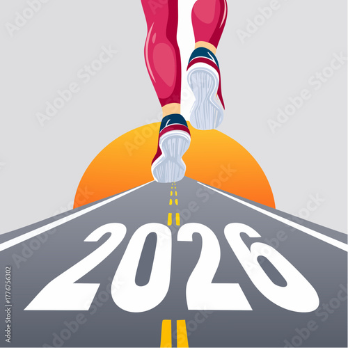 Runner's Legs Moving Forward on a Road Marked 2020 with a Setting Sun and Yellow Lines running feet