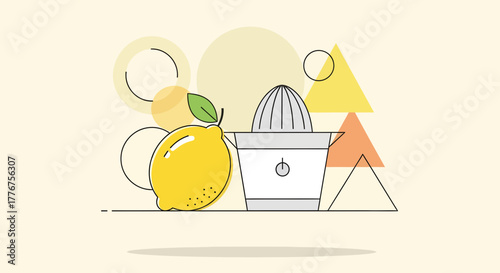 Fresh Yellow Lemon With Juicer Illustration On Bright Creative Background Design