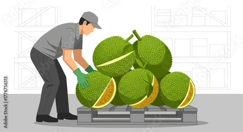 Fresh Produce Handling: Worker Arranging Jackfruit on Pallet in Warehouse Setting