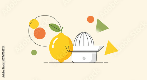 Fresh Yellow Lemon With Juicer Illustration On Colorful Geometric Shapes Design