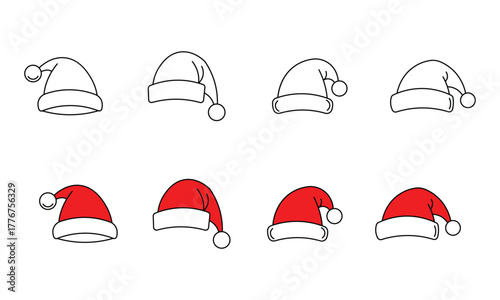 A set of santa hats in different styles, isolated on white background for festive designs    