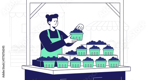 Fresh Produce Stall Displaying Blue Berries at a Farmers Market Under A Canopy