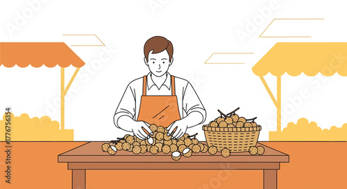 Fresh Produce Vendor Arranging Longans at Market Stall, Illustrated in Vector Graphic Style