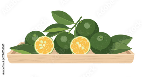 Fresh Yuzu Fruit Displayed on a Wooden Tray with Vibrant Colors and Lush Greenery