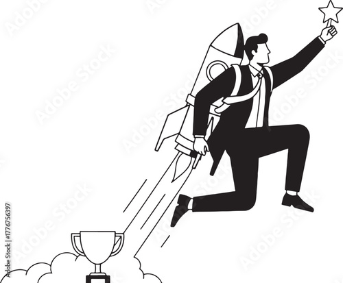 Businessman with jetpack flying towards trophy and star