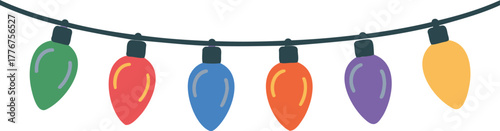 A string of colorful festive elongated christmas lights in green pink blue orange purple and yellow hanging against a white background