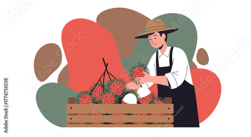 Fresh Rambustans Harvested by a Farmer, Presenting Exotic Fruit Production and Farming