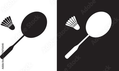 Badminton racket and shuttlecock icons on black and white backgrounds sport game