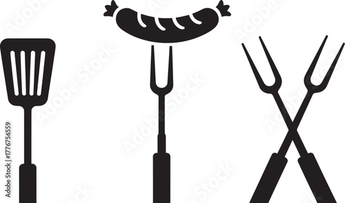 Barbecue grill tools including spatula, sausage on fork, and crossed forks vector illustration