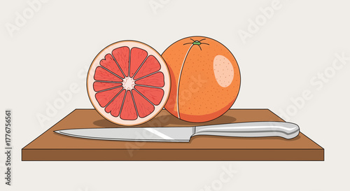 Freshly Cut Grapefruit Beside Uncut One on Wooden Cutting Board Illustration