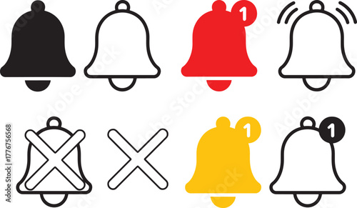 Bell Notification Icons in Various Colors and States on White Background alert sound