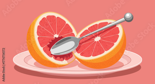 Freshly Cut Grapefruit On A Plate With A Spoon, Ready To Eat And Enjoy The Delight