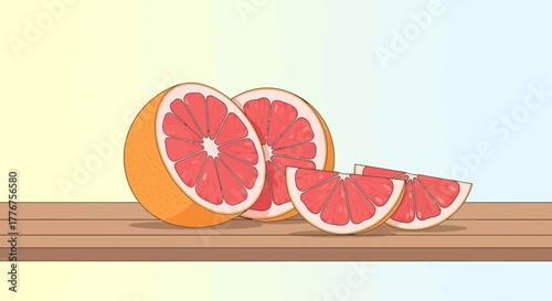 Freshly Cut Grapefruit Slices Displayed on Rustic Wooden Surface with Animated Graphics