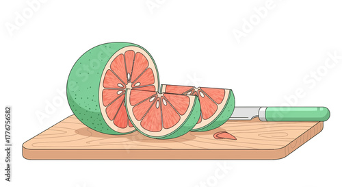 Freshly Cut Grapefruit Slices on a Wooden Chopping Board With a Green Handle Knife