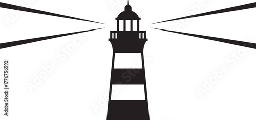Black and white lighthouse with beams of light on white background beacon ocean
