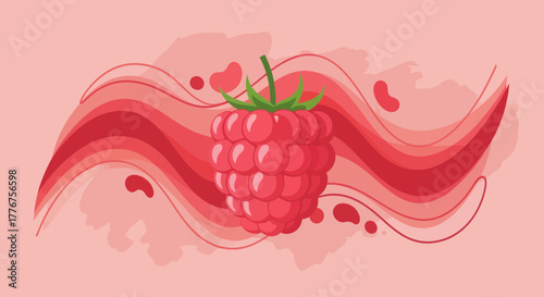 Fresh Raspberry Depiction With Stylish Crimson Abstract Waves, Fruity Illustration