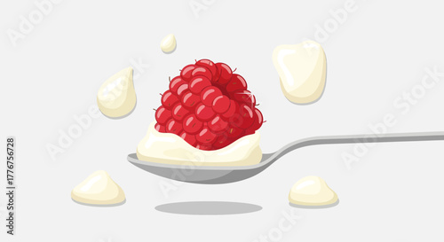 Fresh Raspberry With Cream On A Spoon, Summer Dessert, Healthy Food Illustration