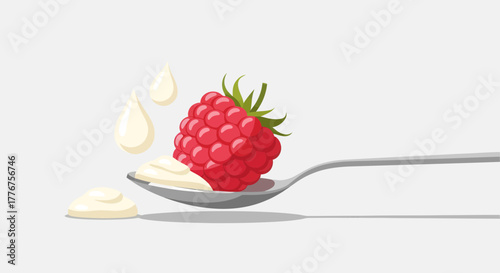 Fresh Raspberry With Cream On Spoon, Isolated On White Background, Tasty And Delicious