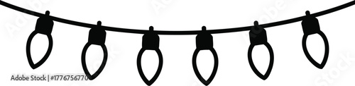 Simple black and white line drawing of a string of illuminated christmas lights hanging in a gentle curve