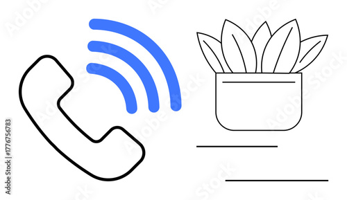 Phone receiver emitting blue sound waves paired with a simple potted plant outline and aligned lines. Ideal for communication, technology, balance, nature, customer service, relaxation, connectivity