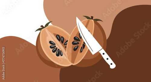 Freshly Cut Sapodilla Fruit With Knife Showcasing Preparation In Abstract Artwork