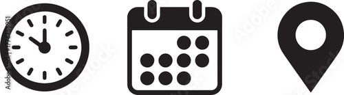 Clock calendar and location pin icons on a white background time date
